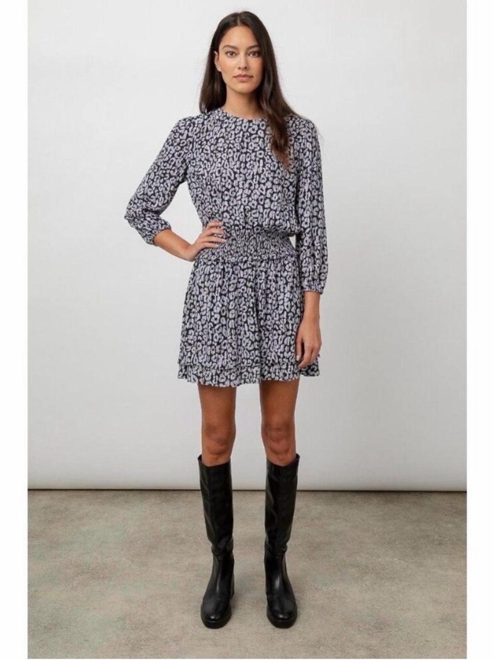 Rails Inez Black Batik Cheetah Print Smocked Mini Dress Women’s M NEW